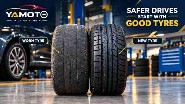 Side-by-side comparison of worn tyre with depleted tread vs new tyre with full tread depth in a tyre workshop
